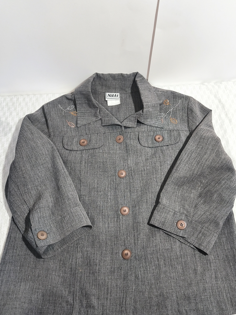 Nikki Gray Button-Front Pea Jacket with Subtle Embroidery